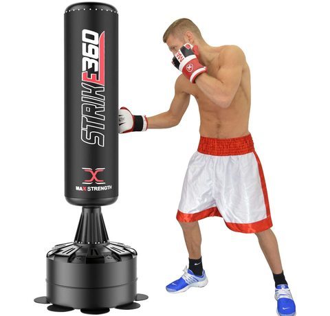 The MaxStrength Free Standing Punch Bag in full with dimensions and zoomed base.